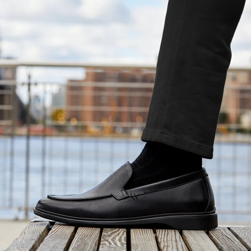 The Loafer by Amberjack in Obsidian Black Leather - Worn with black pants