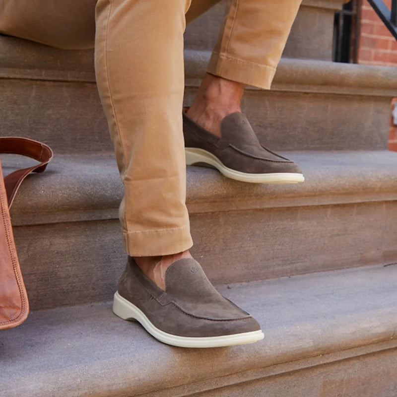 The Loafer by Amberjack in Slate Grey Suede - worn with tan pants