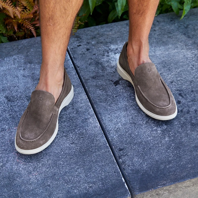 The Loafer by Amberjack in Slate Grey Suede - worn with shorts top down view