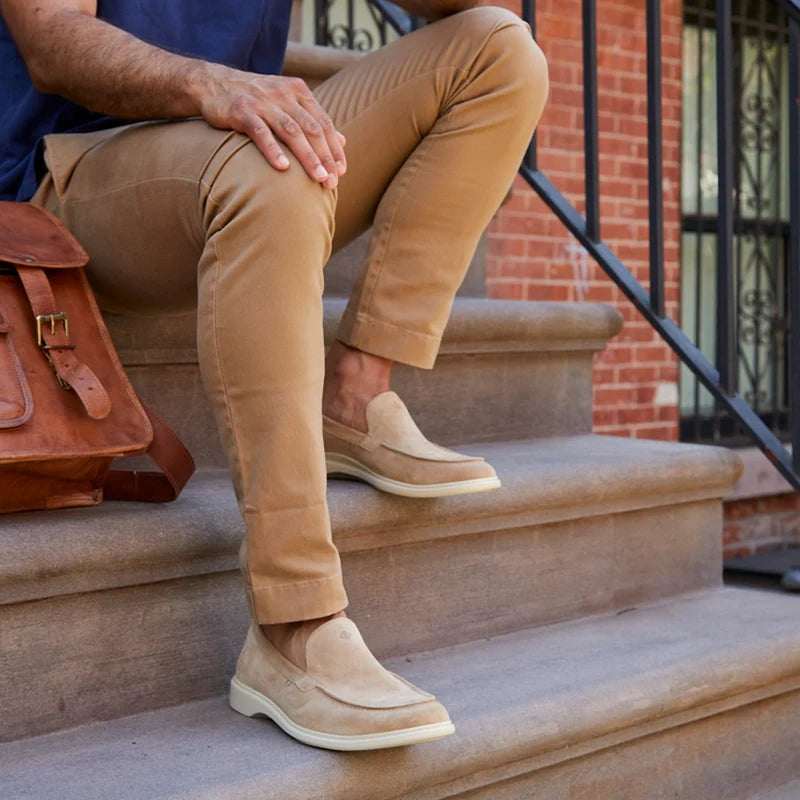 The Loafer by Amberjack in Tundra Light Brown Suede - worn with tan pants