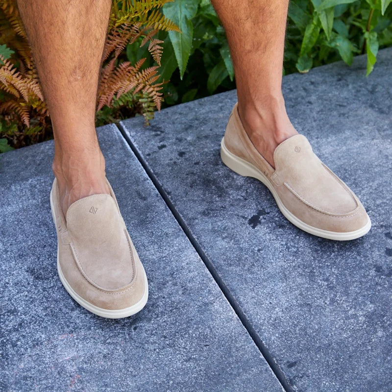 The Loafer by Amberjack in Tundra Light Brown Suede - worn with shorts top down view