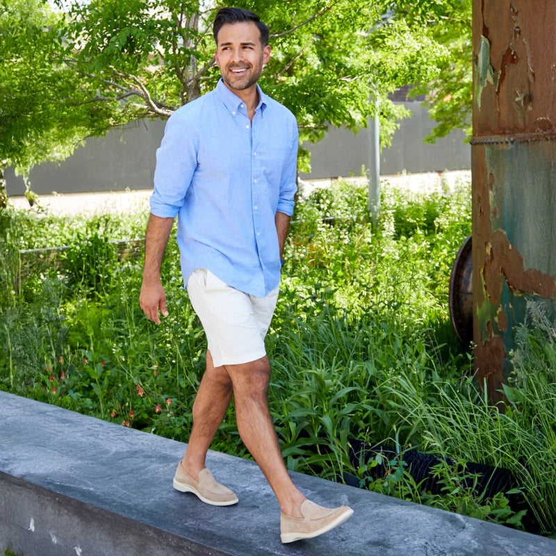 The Loafer by Amberjack in Tundra Light Brown Suede - worn with shorts and blue button up