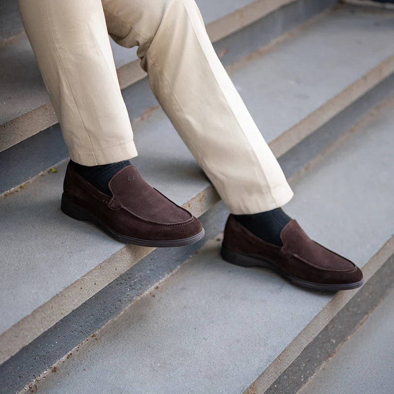 Model wearing The Loafer by Amberjack in Walnut brown suede - with light dress pants