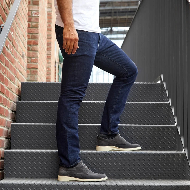 The Original Dress Shoe by Amberjack in Carbon Grey Suede - worn with blue jeans
