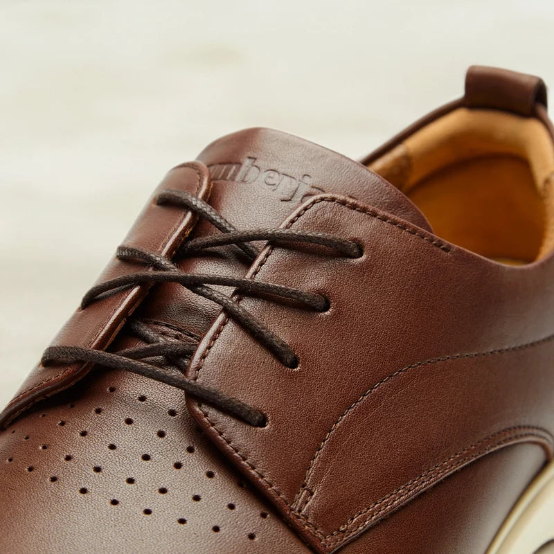 The Original Dress Shoe by Amberjack in Chestnut & Cream Brown Leather - up close detail shot of leather and laces