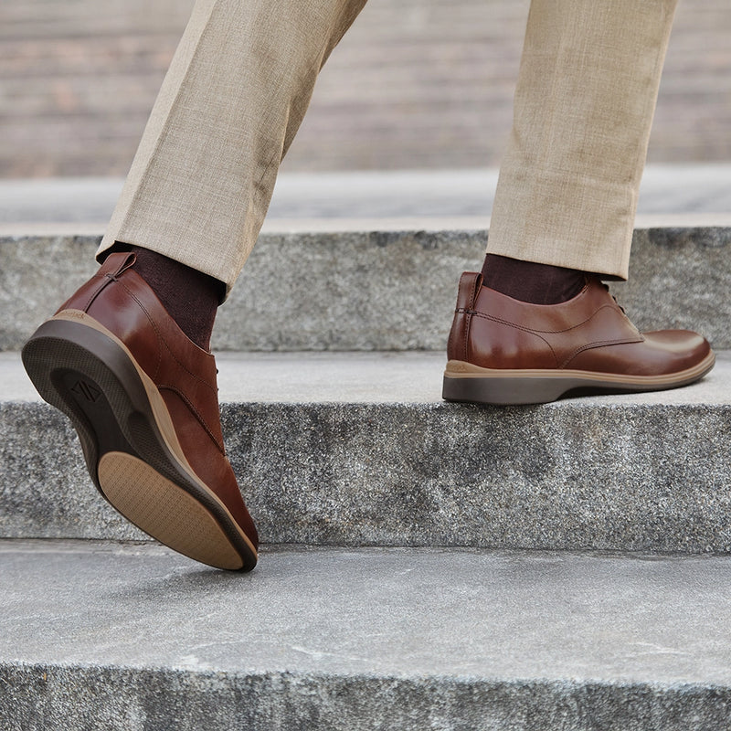 The Original Dress Shoe by Amberjack in Chestnut Brown Leather - On model wearing tan dress pants