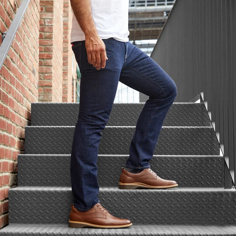 The Original Dress Shoe by Amberjack in Chestnut Brown Leather - On model wearing blue jeans
