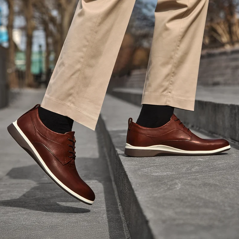 The Original Dress Shoe by Amberjack in Coffee Brown Leather - On model wearing khaki pants