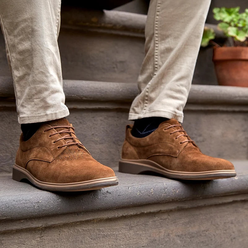 The Original Dress Shoe by Amberjack in Grizzly Brown Suede - worn with tan pants