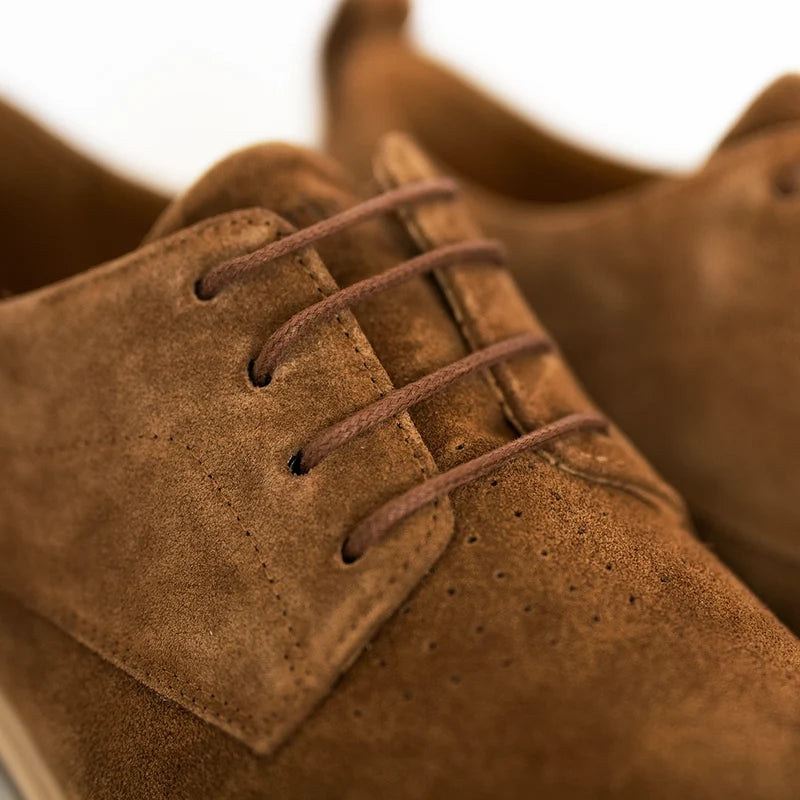 The Original Dress Shoe by Amberjack in Grizzly Brown Suede - close up detail shot of Italian suede and laces