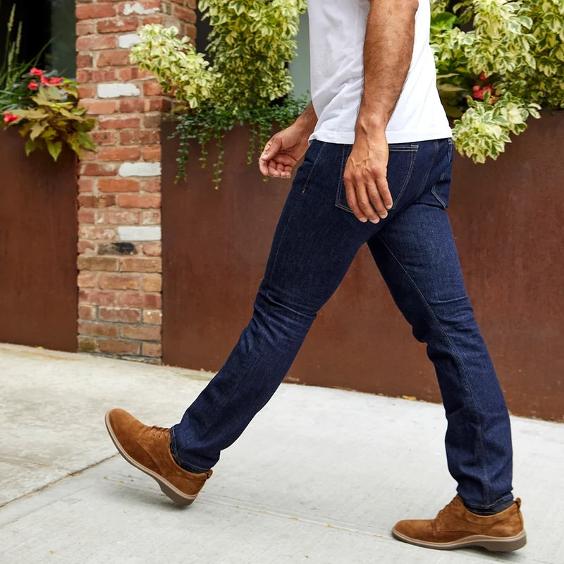 The Original Dress Shoe by Amberjack in Grizzly Brown Suede - worn with blue jeans