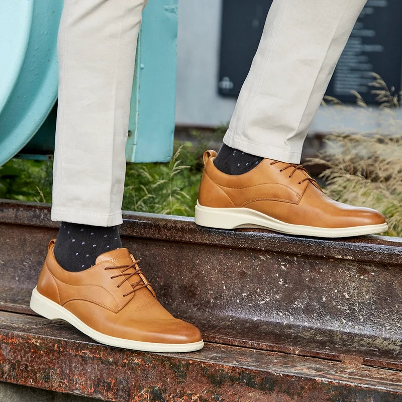 The Original Dress Shoe by Amberjack in Honey & Cream Tan Leather - worn with tan pants