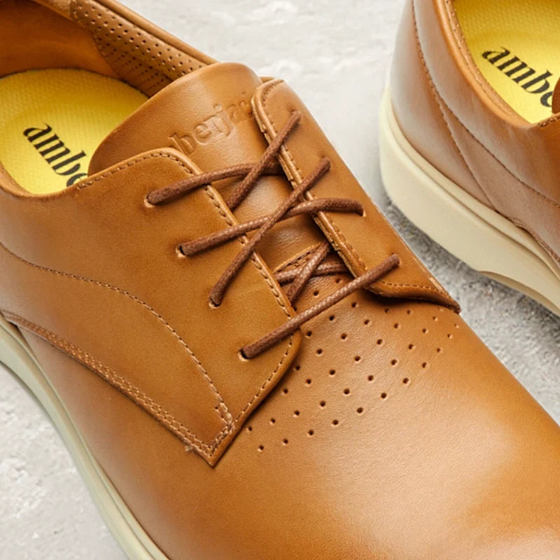The Original Dress Shoe by Amberjack in Honey & Cream Tan Leather - detail close up shot of honey leather and sheepskin lining