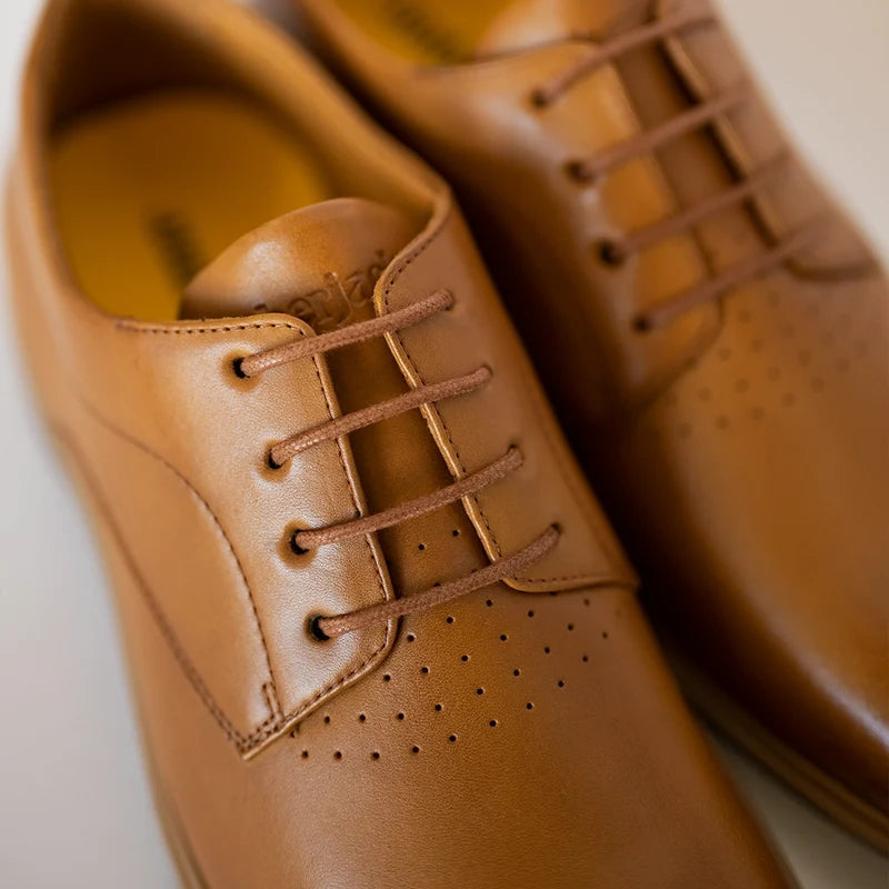 The Original Dress Shoe by Amberjack in Honey Tan - detail close up photo of leather and laces