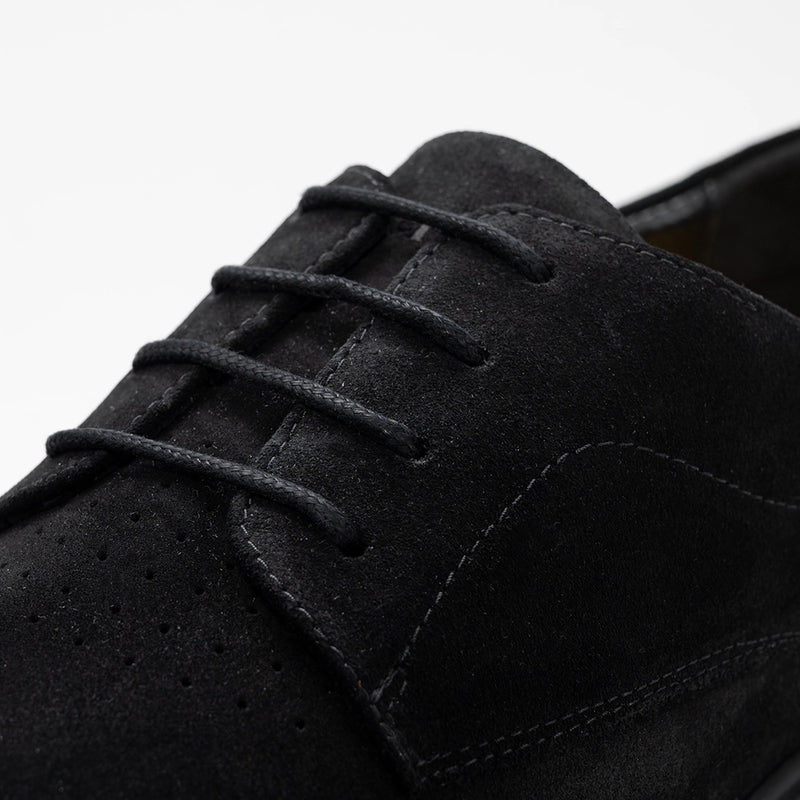 The Original Dress Shoe by Amberjack in Midnight Black - close up detail shot of black Italian suede