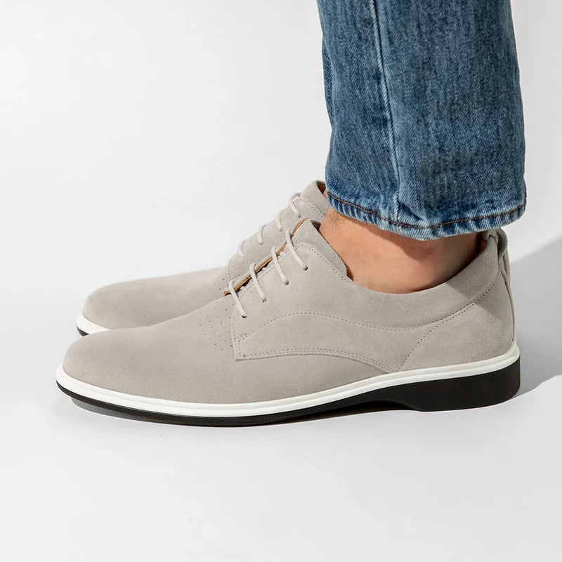 The Original Dress Shoe by Amberjack in Stone Grey Suede - worn with blue jeans