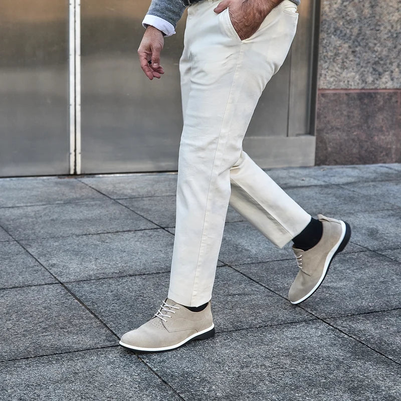 The Original Dress Shoe by Amberjack in Stone Grey Suede - worn with light dress pants on model