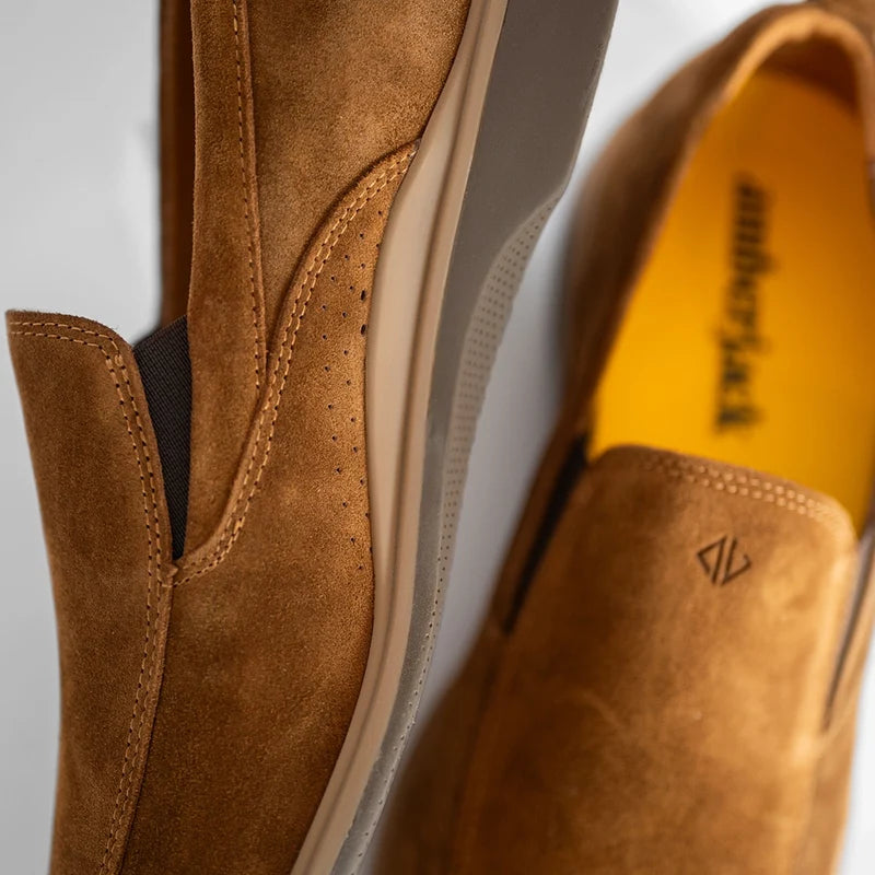 close up photo of The Slip-On Grizzly brown Italian suede