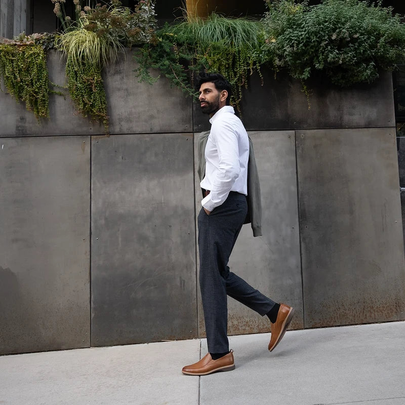 The Slip-On by Amberjack in Honey - Worn with Blue Dress Pants on model