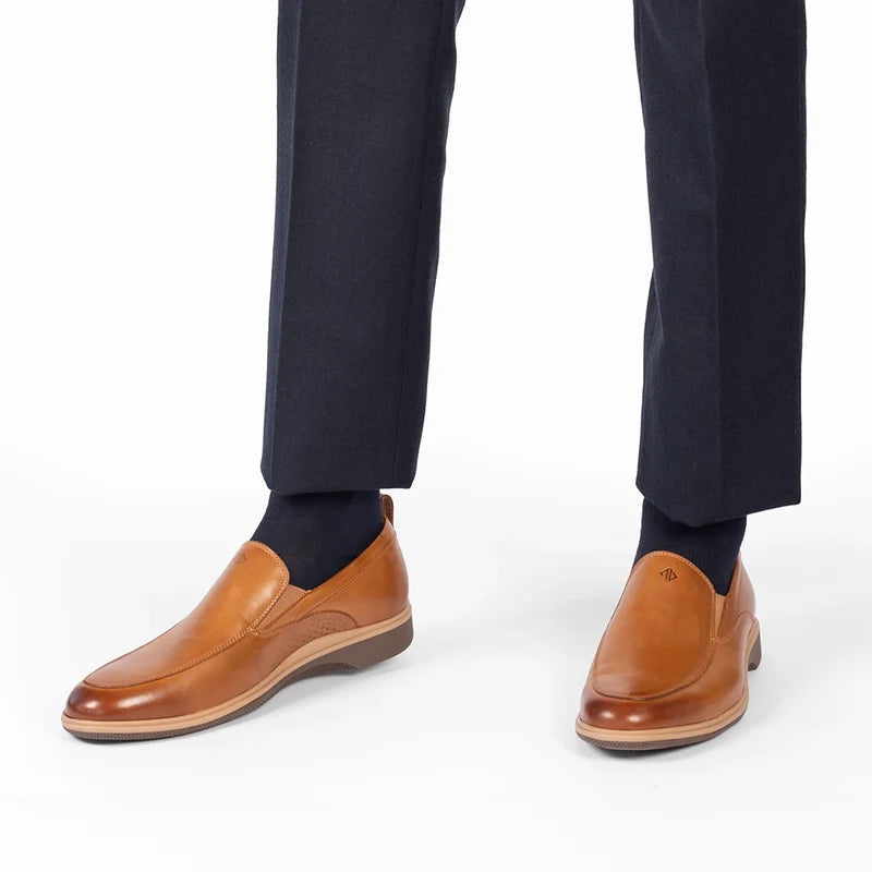 The Slip-On by Amberjack in Honey Leather - Worn with Dark Blue Dress Pants