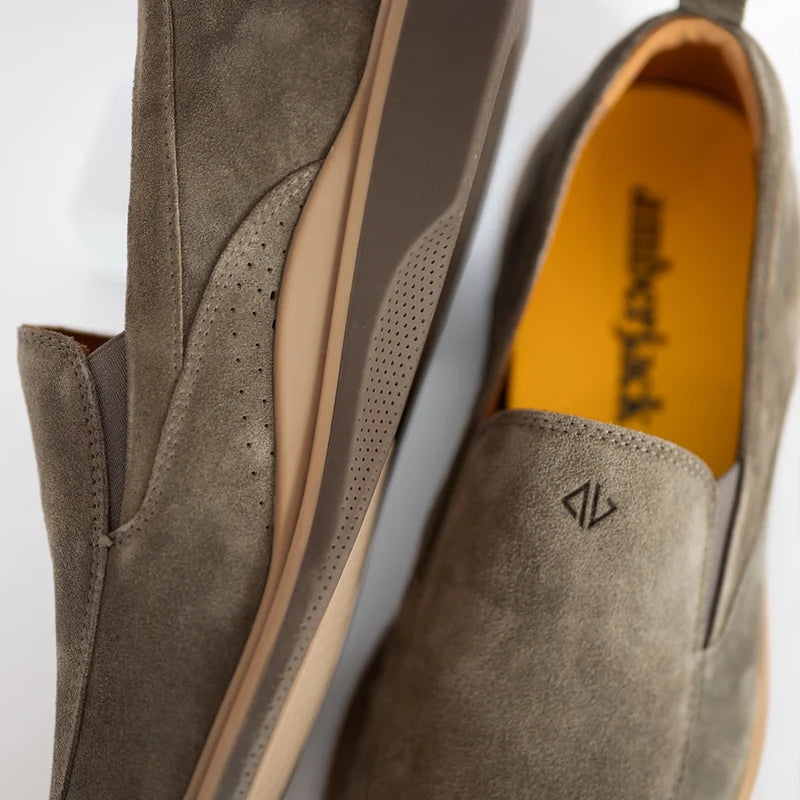 Close up detail photo of Slate water-repellent Italian suede
