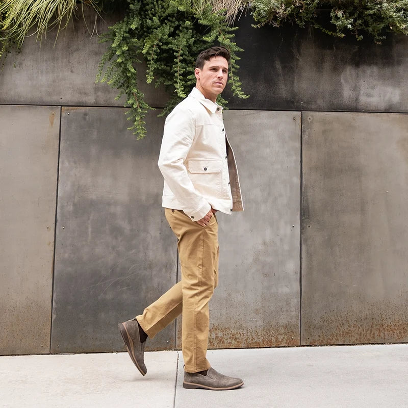 Model wearing The Slip On Slate with khakis