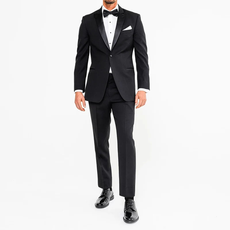 model wearing a Tuxedo with The Tux by Amberjack in Obsidian black patent leather