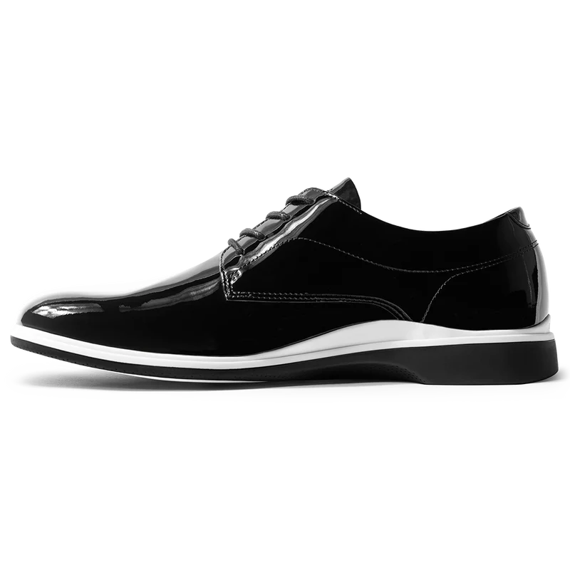 The Tux Dress Shoe by Amberjack in Onyx Black & White Patent Leather - Medial View
