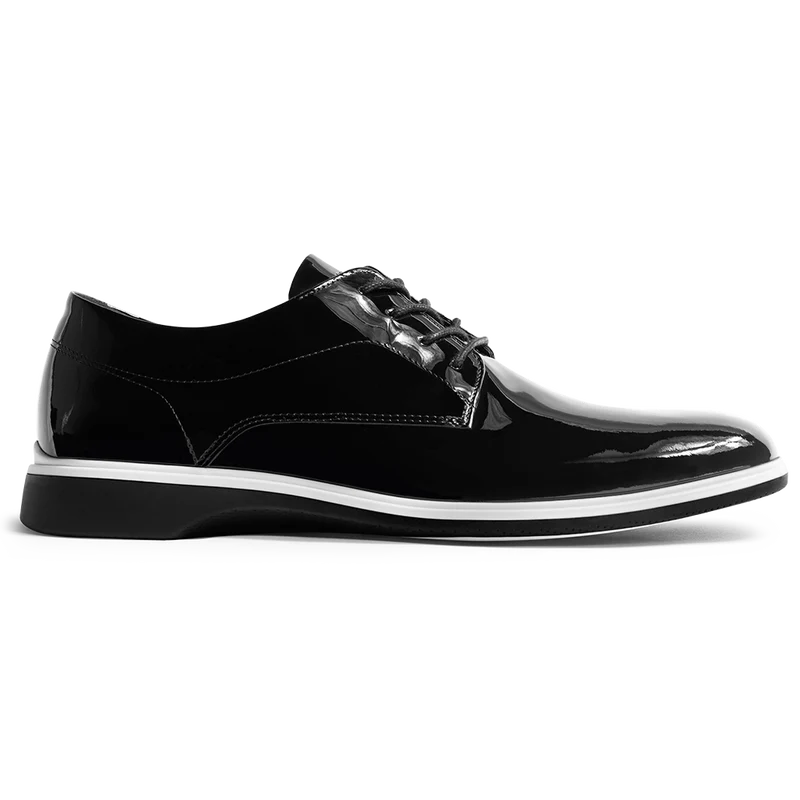 The Tux Dress Shoe by Amberjack in Onyx Black & White Patent Leather - Lateral View