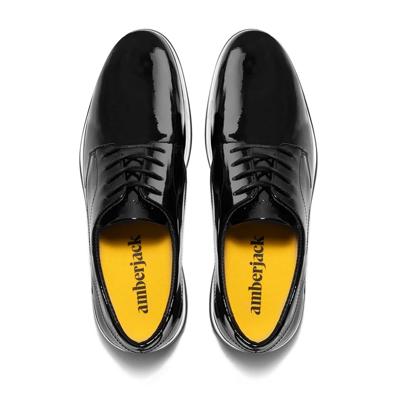 The Tux Dress Shoe by Amberjack in Onyx Black & White Patent Leather - Top Down View