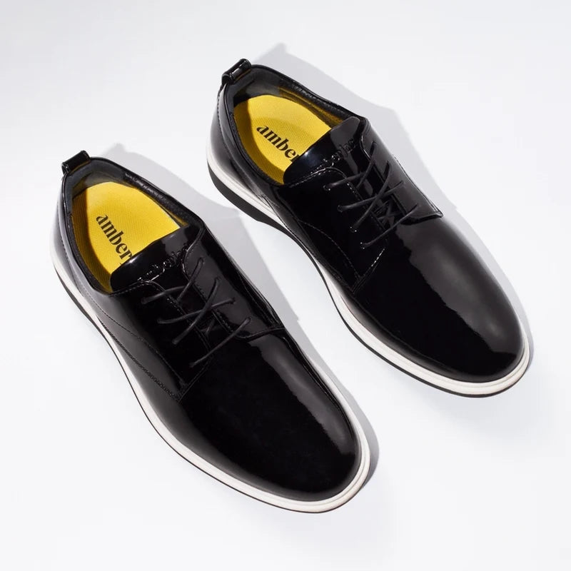 The Tux Dress Shoe by Amberjack in Onyx Black & White Patent Leather - 3/4 View