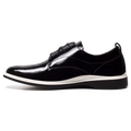 The Tux Dress Shoe by Amberjack in Onyx Black & White Patent Leather - Medial View