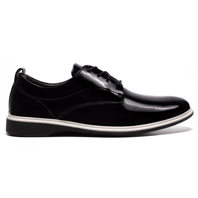 The Tux Dress Shoe by Amberjack in Onyx Black & White Patent Leather - Lateral View
