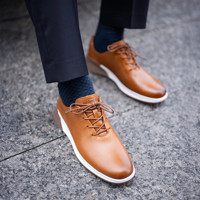 The Whole Cut Hybrid in Honey - on model with blue dress pants